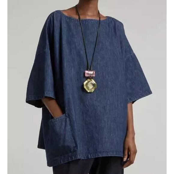 Eskandar 1 Top Blue Denim One Pocket Short Sleeve Cotton Boat Neck Tunic Poland - Picture 1 of 13